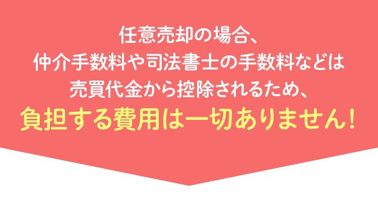 任意売却の場合、仲介手数料や司法書士の手数料などは、売買代金から控除されるため、負担する費用は一切ありません!